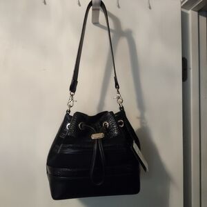 NWT. Brahmin Maxine Black & Suede Croc-Embossed Bucket Bag